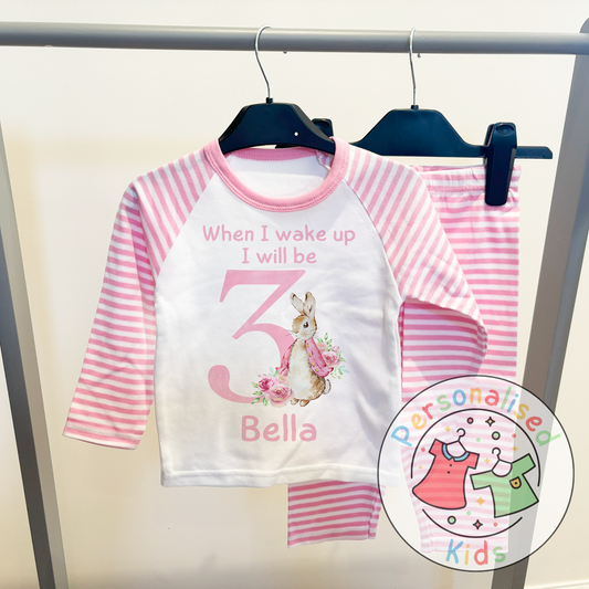 🐰 Personalised "When I Wake Up, I Will Be" Pink Floppy Rabbit Birthday Pyjamas – Custom Age & Name 🎈