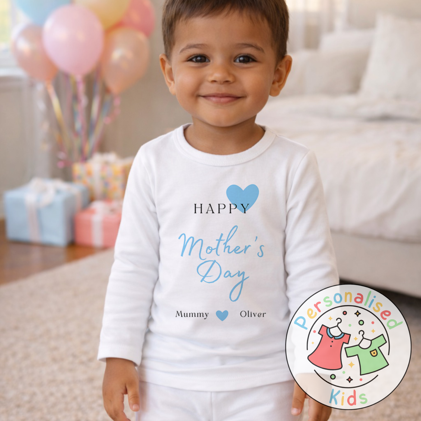 Personalised Mother’s Day Kids Pyjamas | Blue Heart Design | Custom Names MD002