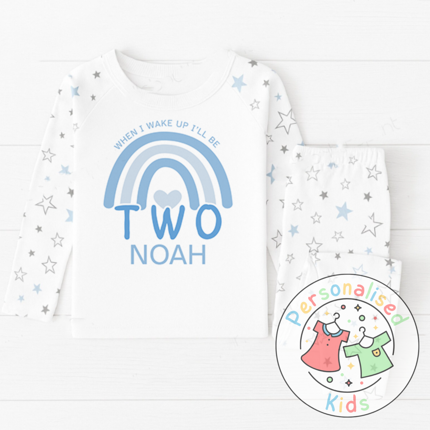 Personalised Blue Rainbow Birthday Pyjamas – “When I Wake Up, I Will Be” Design
