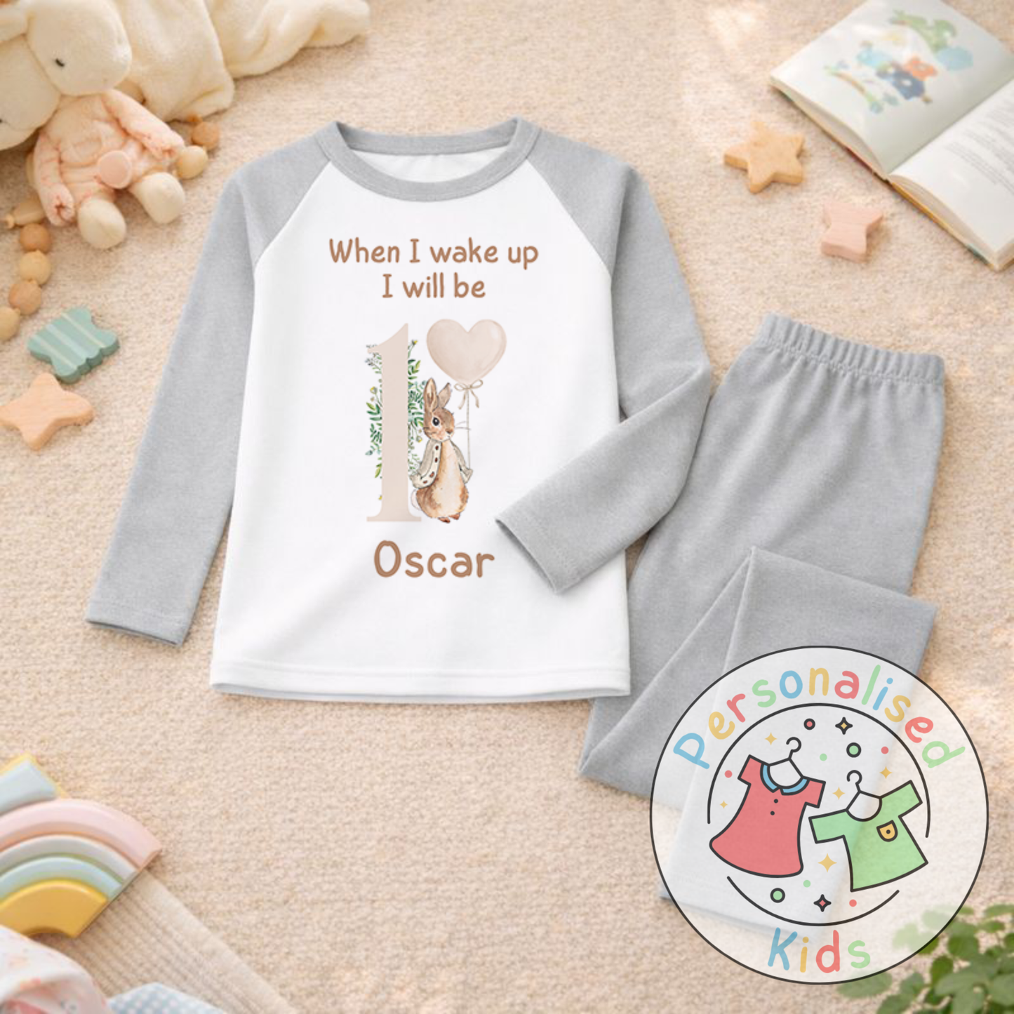 Personalised Neutral Floppy Rabbit Birthday Pyjamas