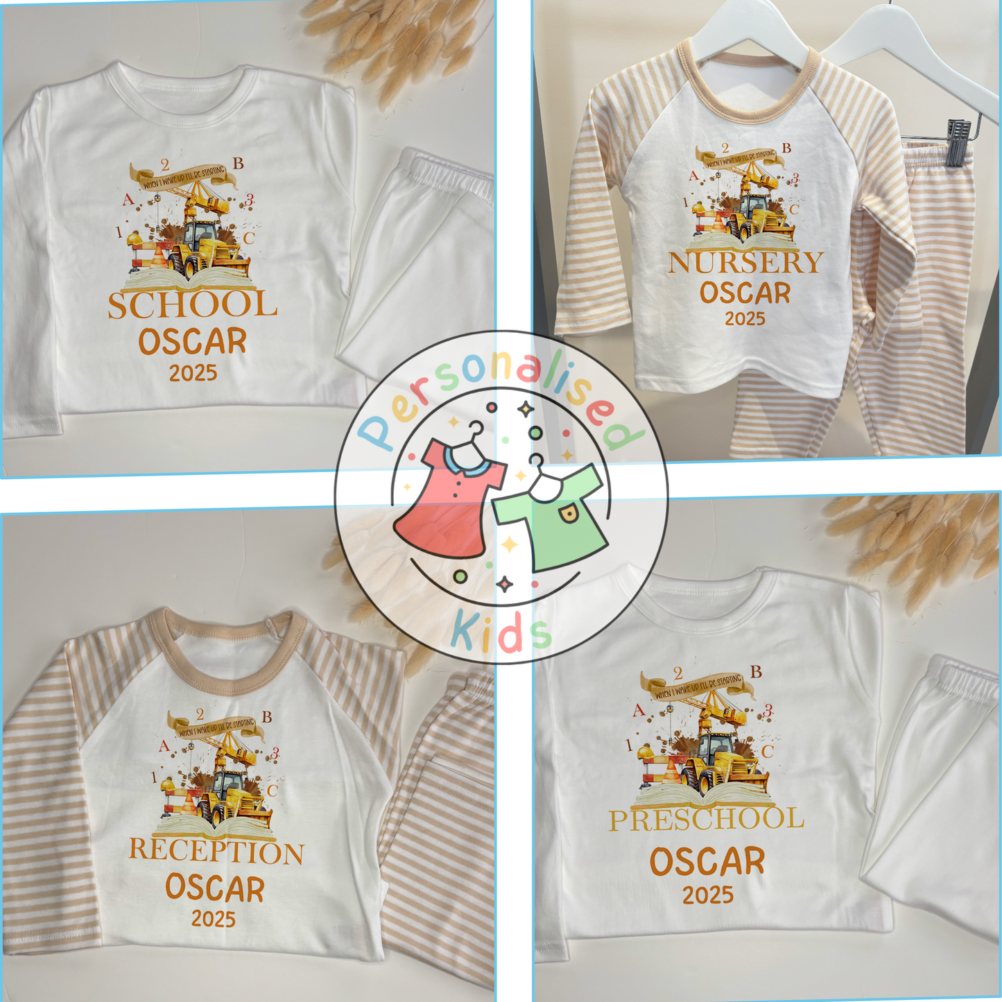 Personalised “When I Wake Up I Will Be Starting” Pyjamas – School & Digger Themed