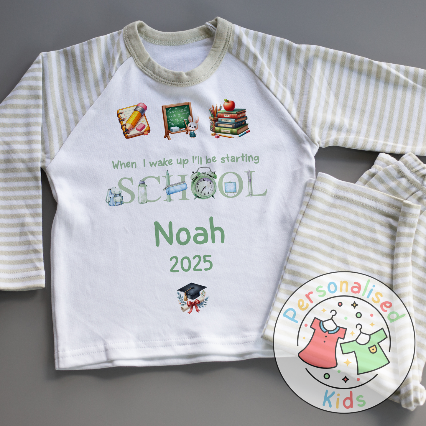 Personalised “When I Wake Up I Will Be Starting School” Pyjamas – Green Stationery Theme