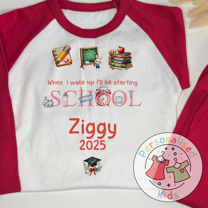 Personalised “When I Wake Up I Will Be Starting School” Pyjamas – Red Stationery Theme