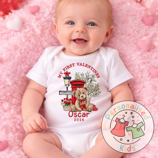 Personalised “My First Valentines” Baby Grow, Long-Sleeved Bodysuit and Romper V018