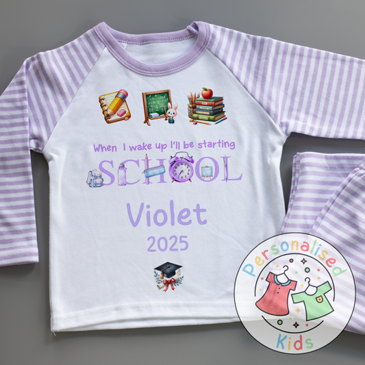 Personalised “When I Wake Up I Will Be Starting School” Pyjamas – Purple Stationery Theme