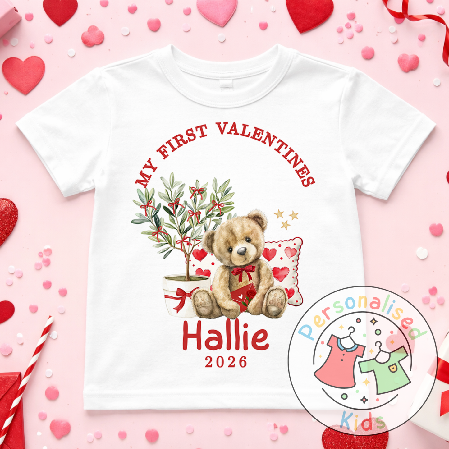 Personalised “My First Valentines” Baby Grow, T-Shirt, Long-Sleeved Bodysuit and Romper V019