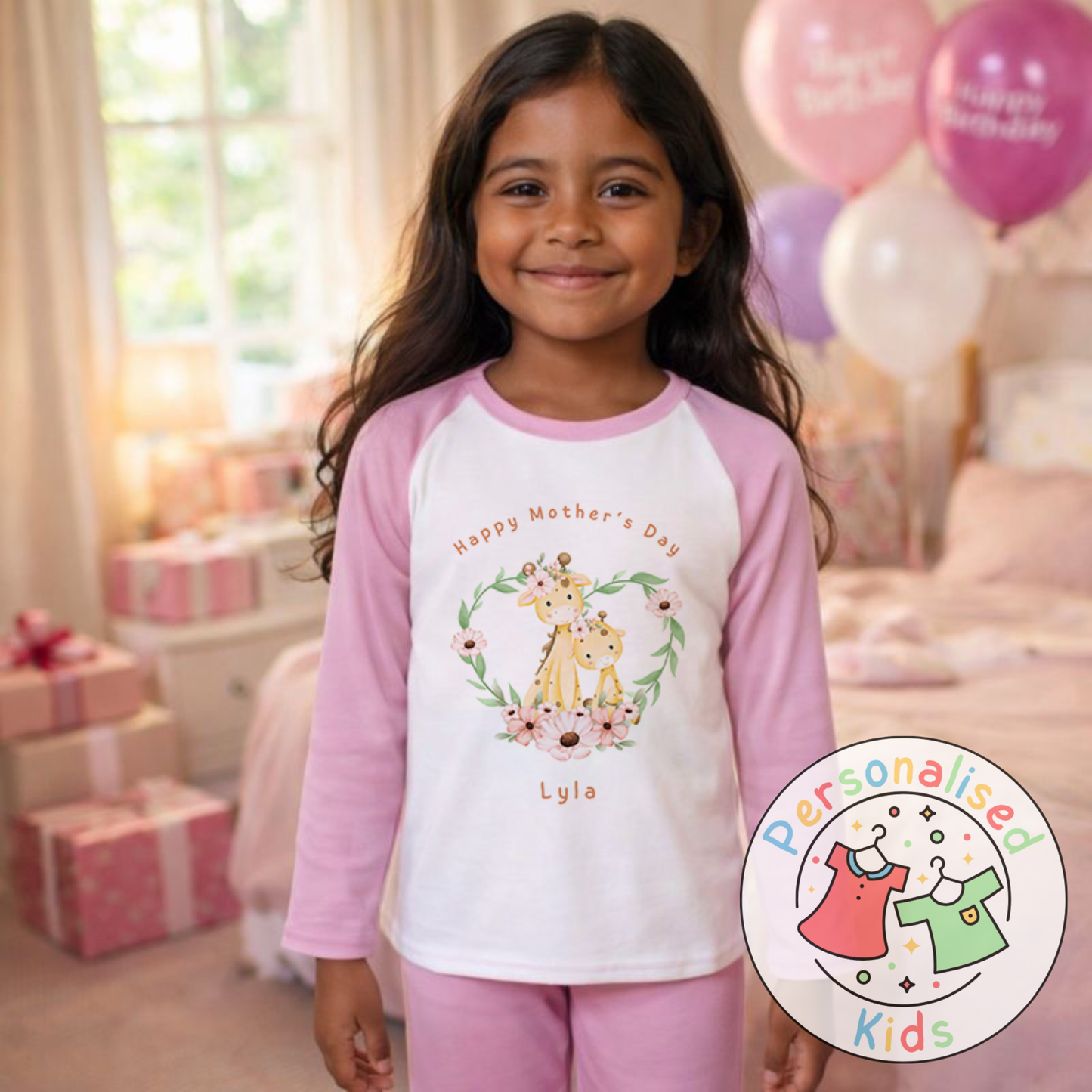 Personalised Mother’s Day Kids Pyjamas – Floral Giraffe | Custom Name | MD005