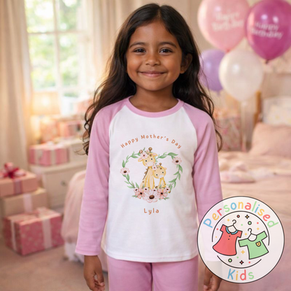 Personalised Mother’s Day Kids Pyjamas – Floral Giraffe | Custom Name | MD005