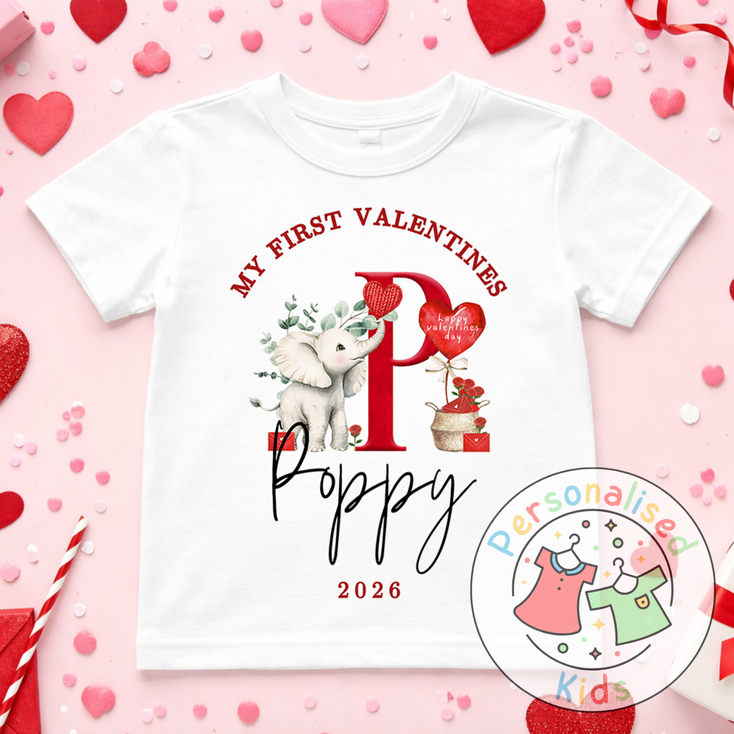 Personalised “My First Valentines” Baby Grow, T-Shirt, Long-Sleeved Bodysuit and Romper V026