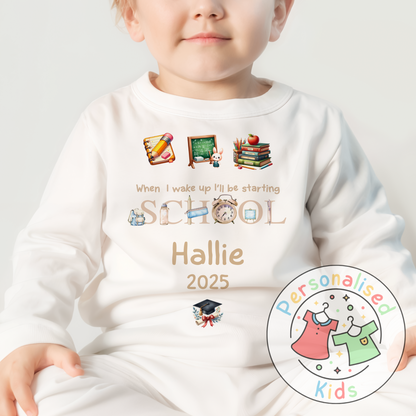 Personalised “When I Wake Up I Will Be Starting School” Pyjamas – Beige Stationery Theme
