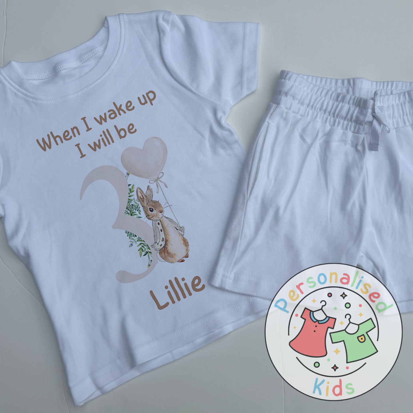 🐰 Personalised "When I Wake Up, I Will Be" Neutral Floppy Rabbit Birthday Pyjamas – Custom Age & Name 🎈