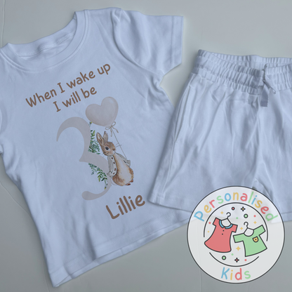 🐰 Personalised "When I Wake Up, I Will Be" Neutral Floppy Rabbit Birthday Pyjamas – Custom Age & Name 🎈
