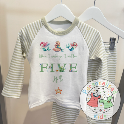Personalised Mermaid Birthday Pyjamas – “When I Wake Up, I Will Be” Design GREEN WORD