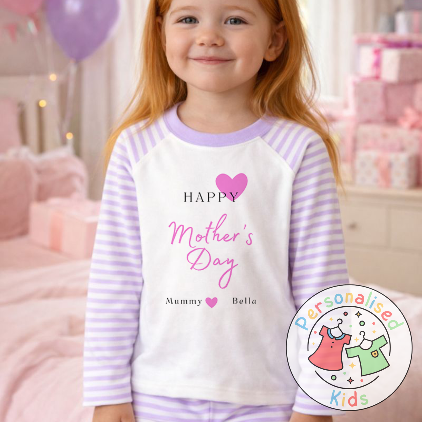 Personalised Mother’s Day Kids Pyjamas | Pink Heart Design | Custom Names MD003