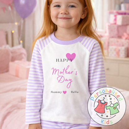 Personalised Mother’s Day Kids Pyjamas | Pink Heart Design | Custom Names MD003
