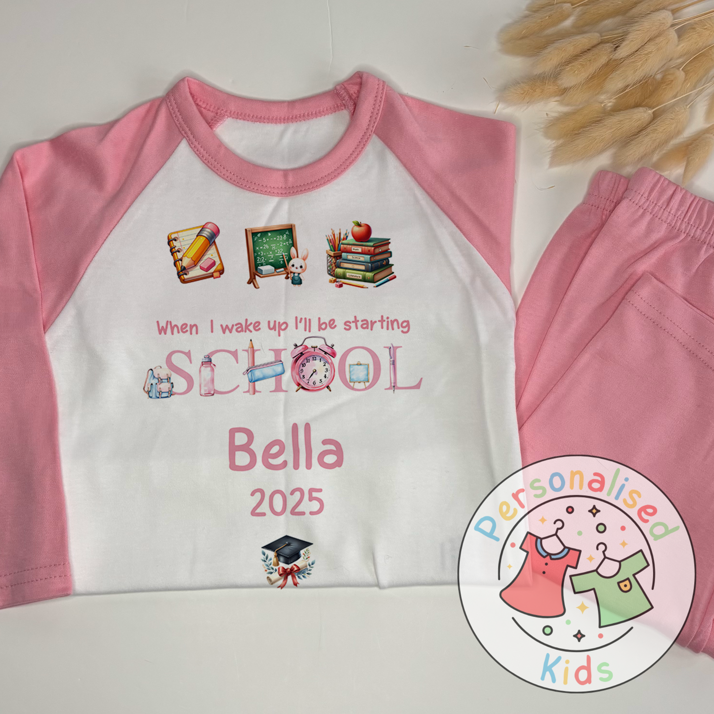 Personalised “When I Wake Up I Will Be Starting School” Pyjamas – Pink Stationery Theme