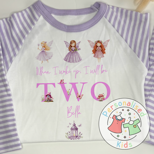 Personalised Fairy Birthday Pyjamas – “When I Wake Up, I Will Be” Design - purple words