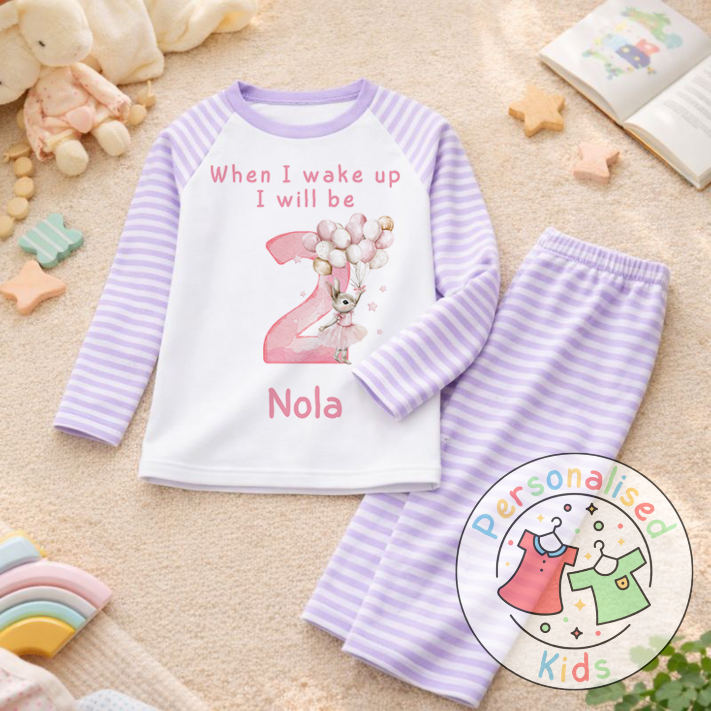Personalised "When I Wake Up, I Will Be" Pink Floppy Rabbit Birthday Pyjamas – Custom Age & Name