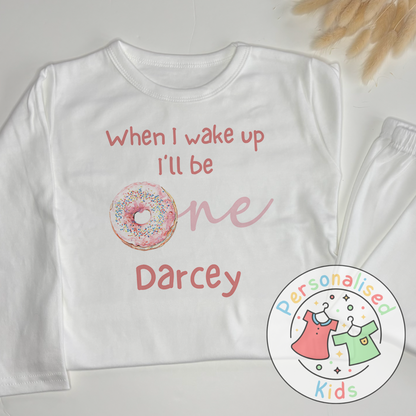 Personalised Donut First Birthday Pyjamas – “When I Wake Up, I’ll Be One” Design