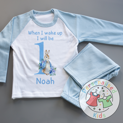 🐰 Personalised "When I Wake Up, I Will Be" Blue Floppy Rabbit Birthday Pyjamas – Custom Age & Name 🎈