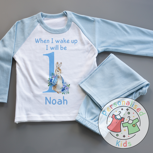 🐰 Personalised "When I Wake Up, I Will Be" Blue Floppy Rabbit Birthday Pyjamas – Custom Age & Name 🎈