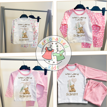 🧸 Personalised "When I Wake Up, I Will Be" Teddy Bear Birthday Pyjamas – Neutral Balloon Design 🎈