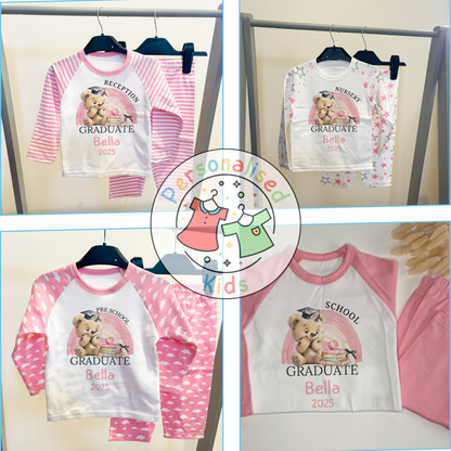 Personalised “GRADUATE” Pyjamas – Pink Rainbow & Bear Graduation Design