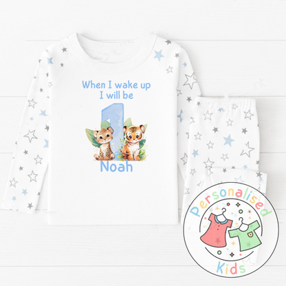 Personalized Safari Animal Birthday Pyjamas – Cute & Comfy for Your Little Explorer! BLUE NUMBER