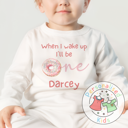 Personalised Donut First Birthday Pyjamas – “When I Wake Up, I’ll Be One” Design