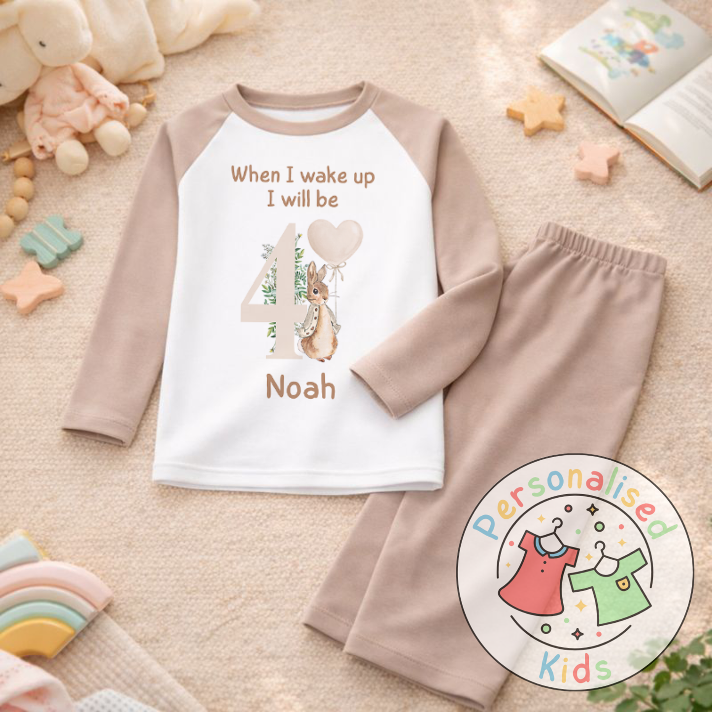 Personalised Neutral Floppy Rabbit Birthday Pyjamas