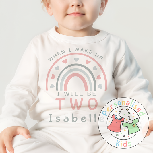 🌈 Personalised Pink & Grey Rainbow "When I Wake Up I Will Be" Birthday Pyjamas – Custom Age & Name 🌟