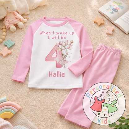 Personalised "When I Wake Up, I Will Be" Pink Floppy Rabbit Birthday Pyjamas – Custom Age & Name