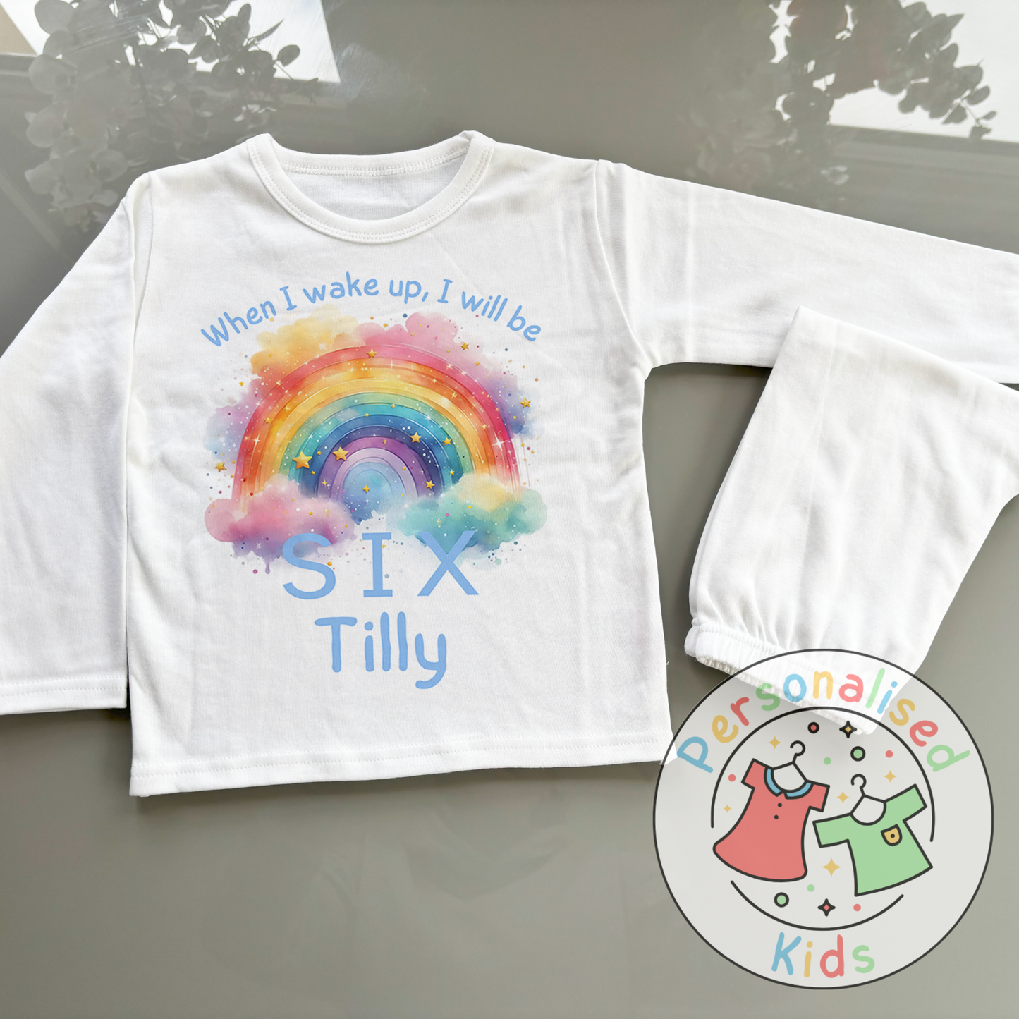 🌈 Personalised Colorful Rainbow "When I Wake Up I Will Be" Birthday Pyjamas – Custom Age & Name 🌟