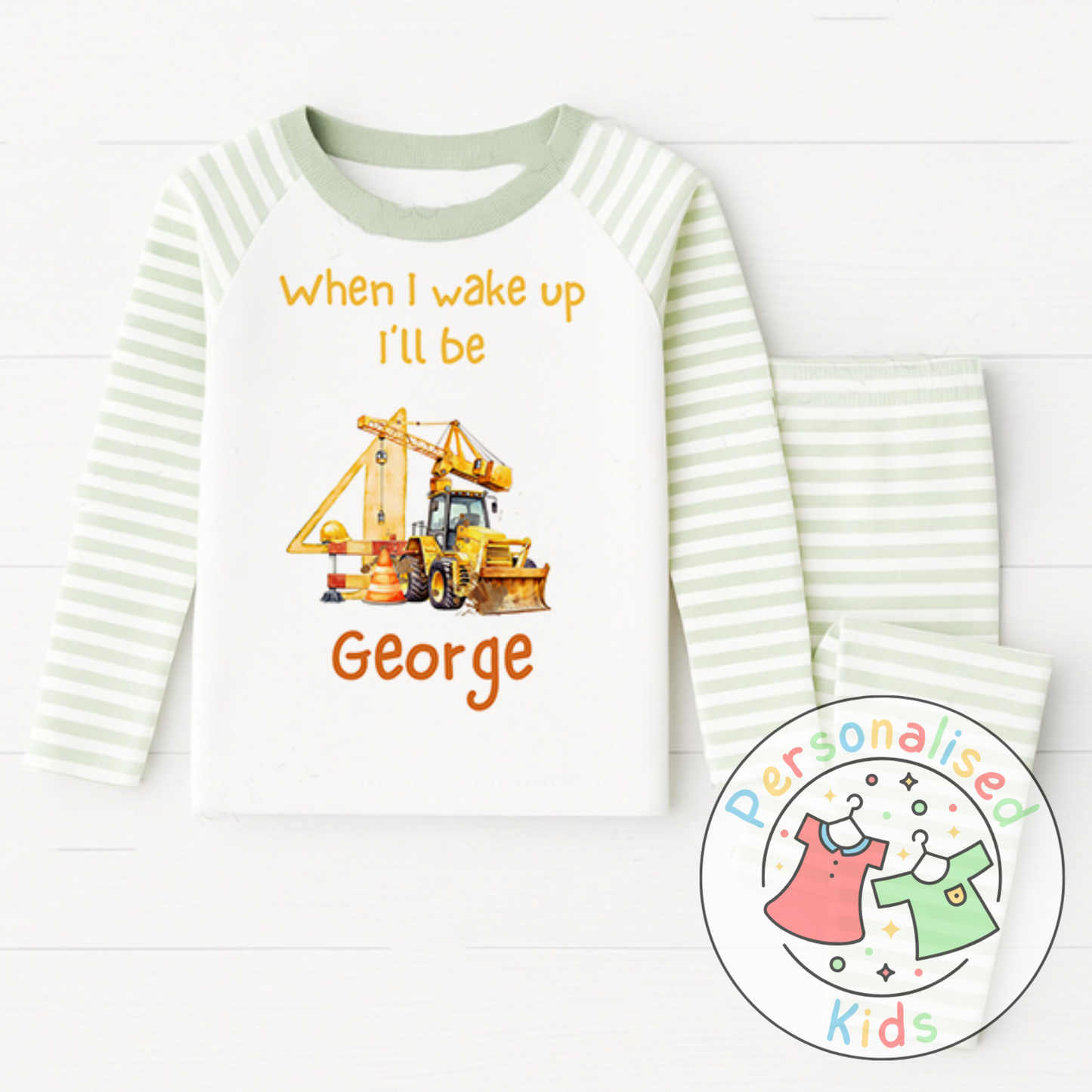 Personalised Diggerland Birthday Pyjamas – “When I Wake Up, I Will Be” Construction Theme