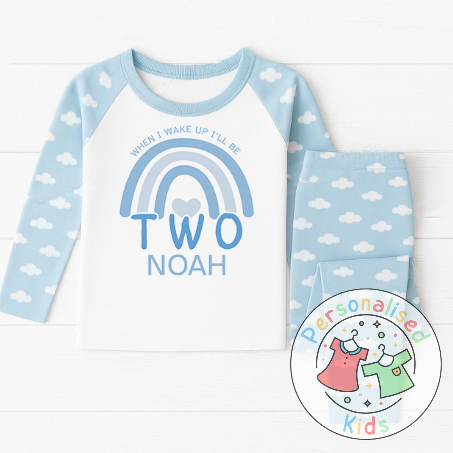 Personalised Blue Rainbow Birthday Pyjamas – “When I Wake Up, I Will Be” Design