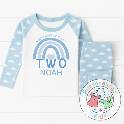 Personalised Blue Rainbow Birthday Pyjamas – “When I Wake Up, I Will Be” Design