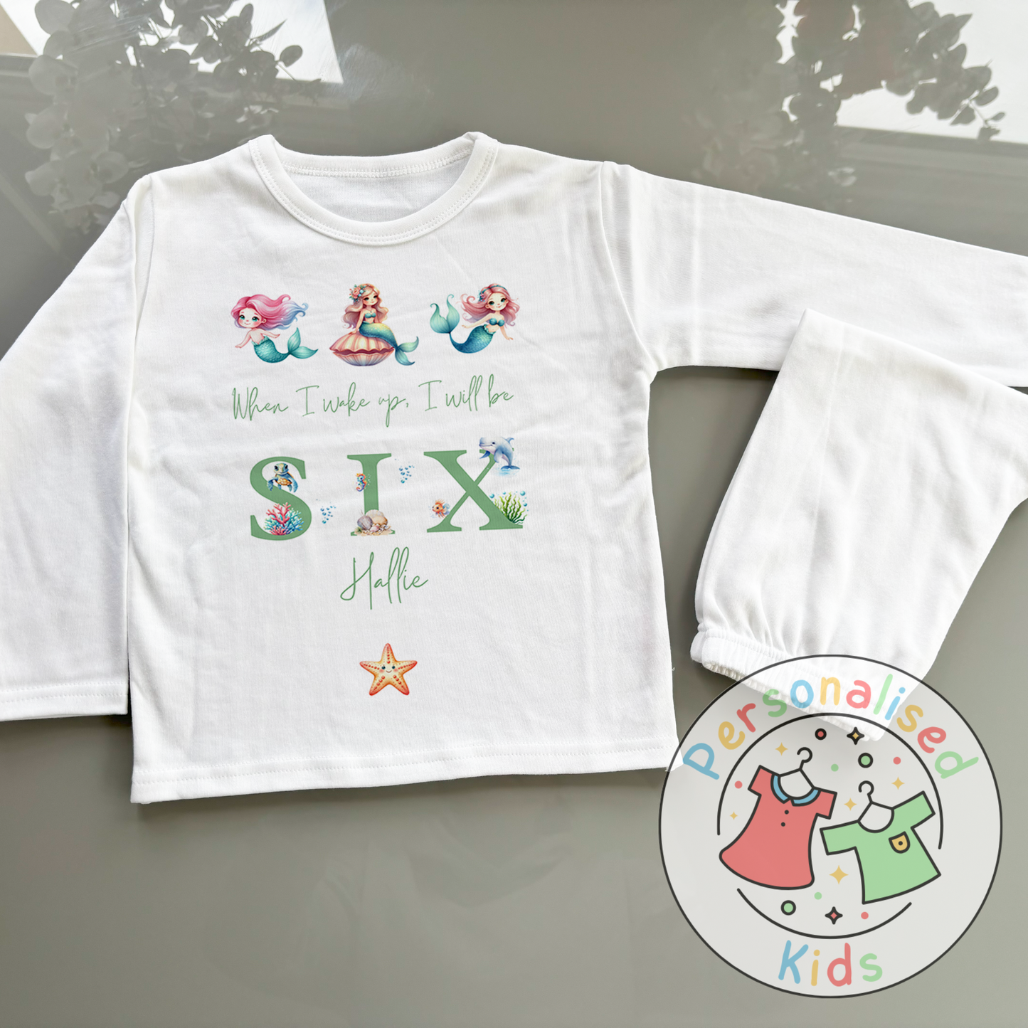 Personalised Mermaid Birthday Pyjamas – “When I Wake Up, I Will Be” Design GREEN WORD