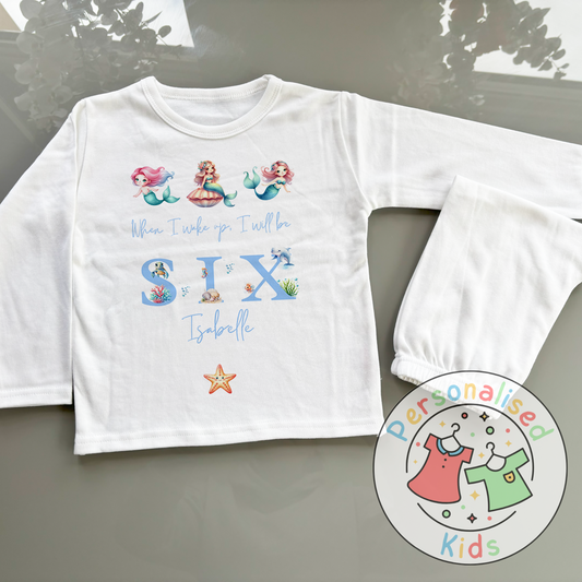 Personalised Mermaid Birthday Pyjamas – “When I Wake Up, I Will Be” Design BLUE WORD