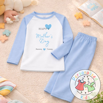 Personalised Mother’s Day Kids Pyjamas | Blue Heart Design | Custom Names MD002
