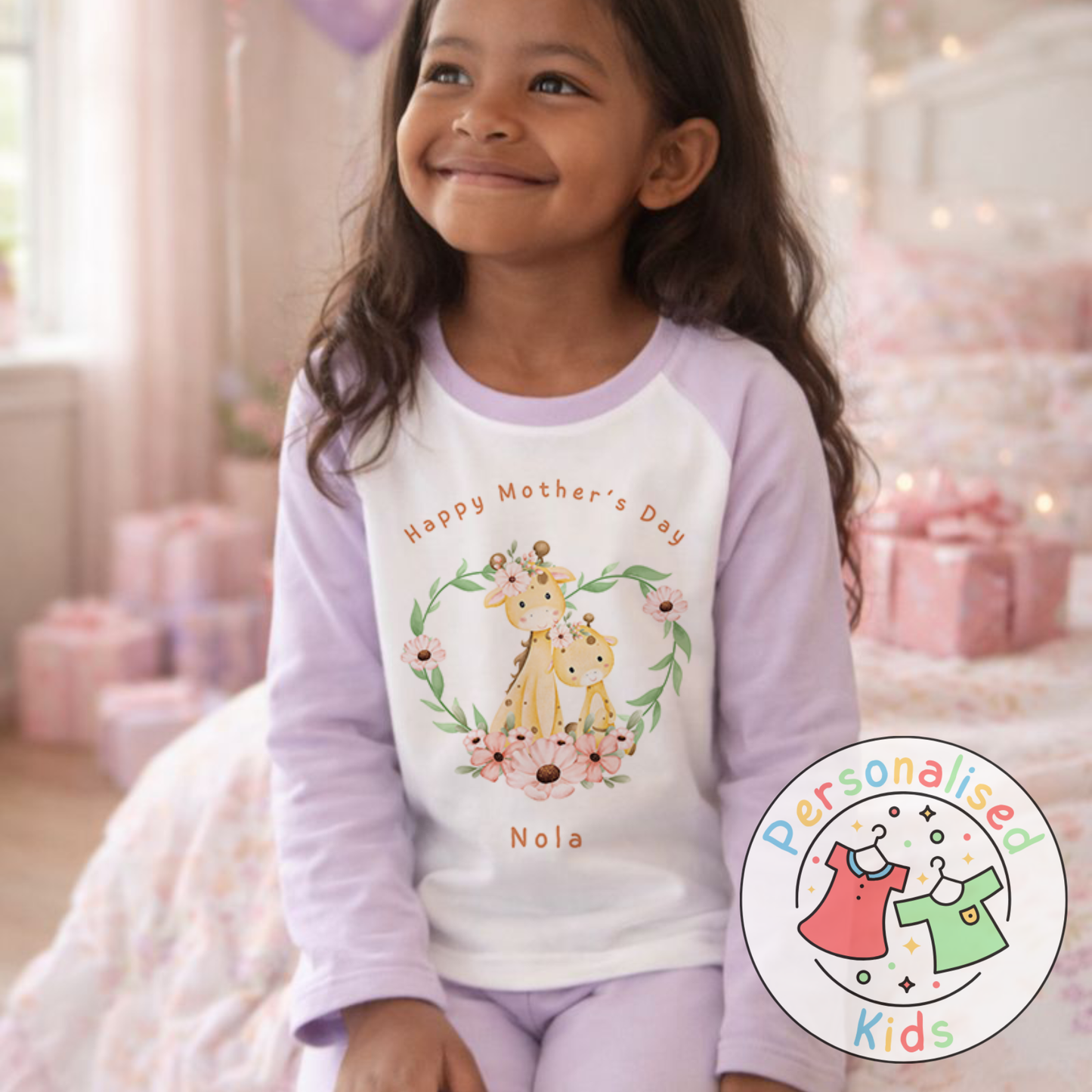 Personalised Mother’s Day Kids Pyjamas – Floral Giraffe | Custom Name | MD005