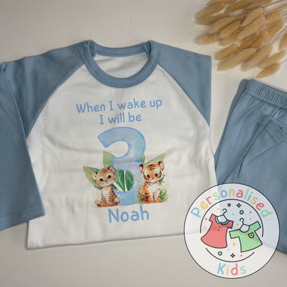 Personalized Safari Animal Birthday Pyjamas – Cute & Comfy for Your Little Explorer! BLUE NUMBER