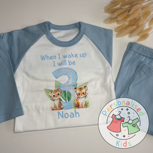 Personalized Safari Animal Birthday Pyjamas – Cute & Comfy for Your Little Explorer! BLUE NUMBER
