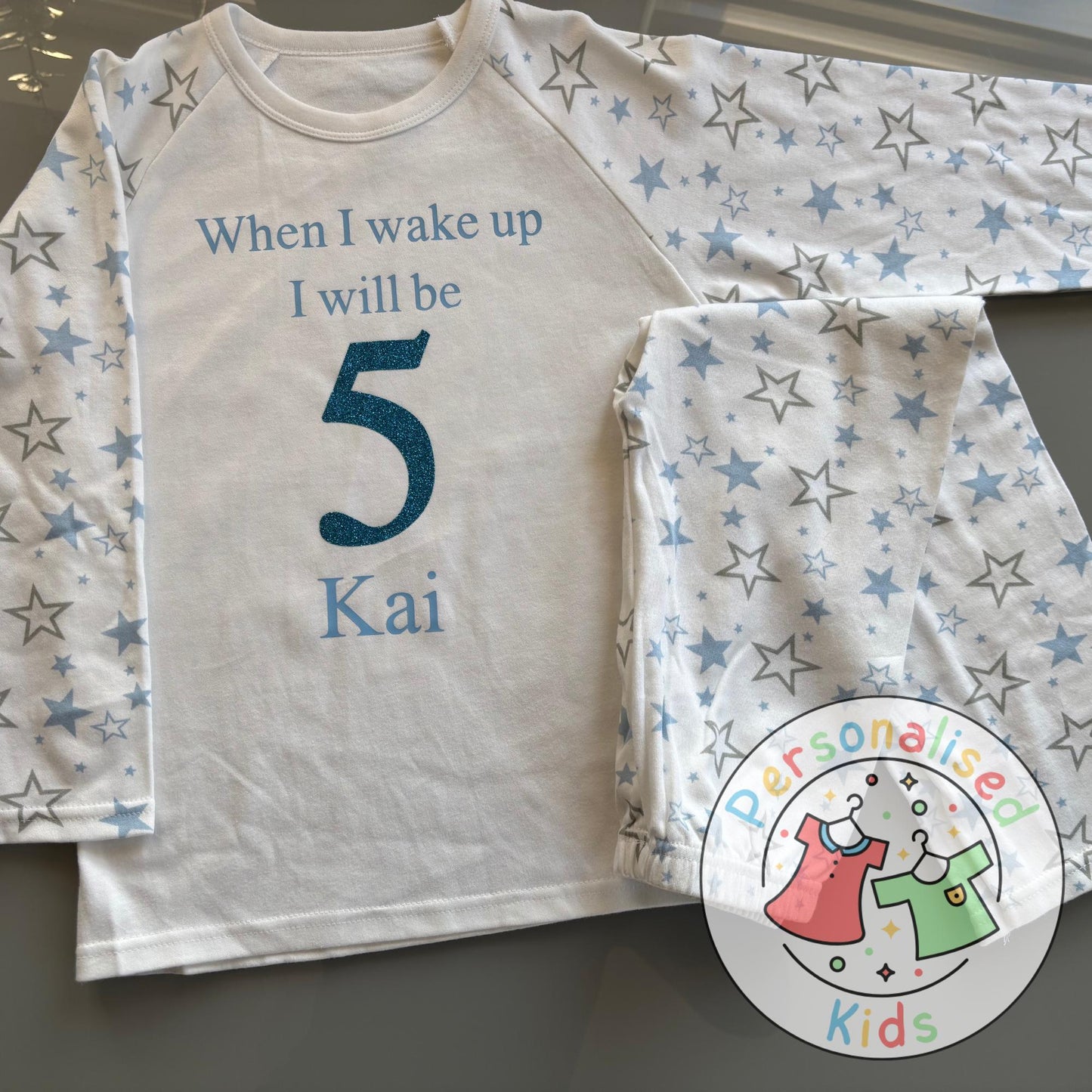 Personalised Glitter Birthday Pyjamas – “When I Wake Up, I Will Be” Sparkly Design