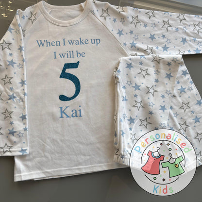 Personalised Glitter Birthday Pyjamas – “When I Wake Up, I Will Be” Sparkly Design