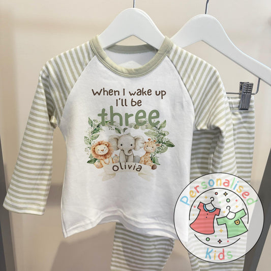 Personalised Safari Animals Birthday Pyjamas – “When I Wake Up I Will Be” Design