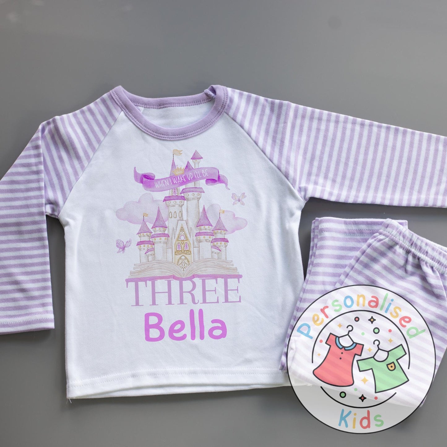 “When I Wake Up I Will Be…” Fairy Tale Castle Birthday Pyjamas – A Dreamy Way to Celebrate! Purple