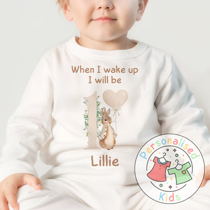 🐰 Personalised "When I Wake Up, I Will Be" Neutral Floppy Rabbit Birthday Pyjamas – Custom Age & Name 🎈