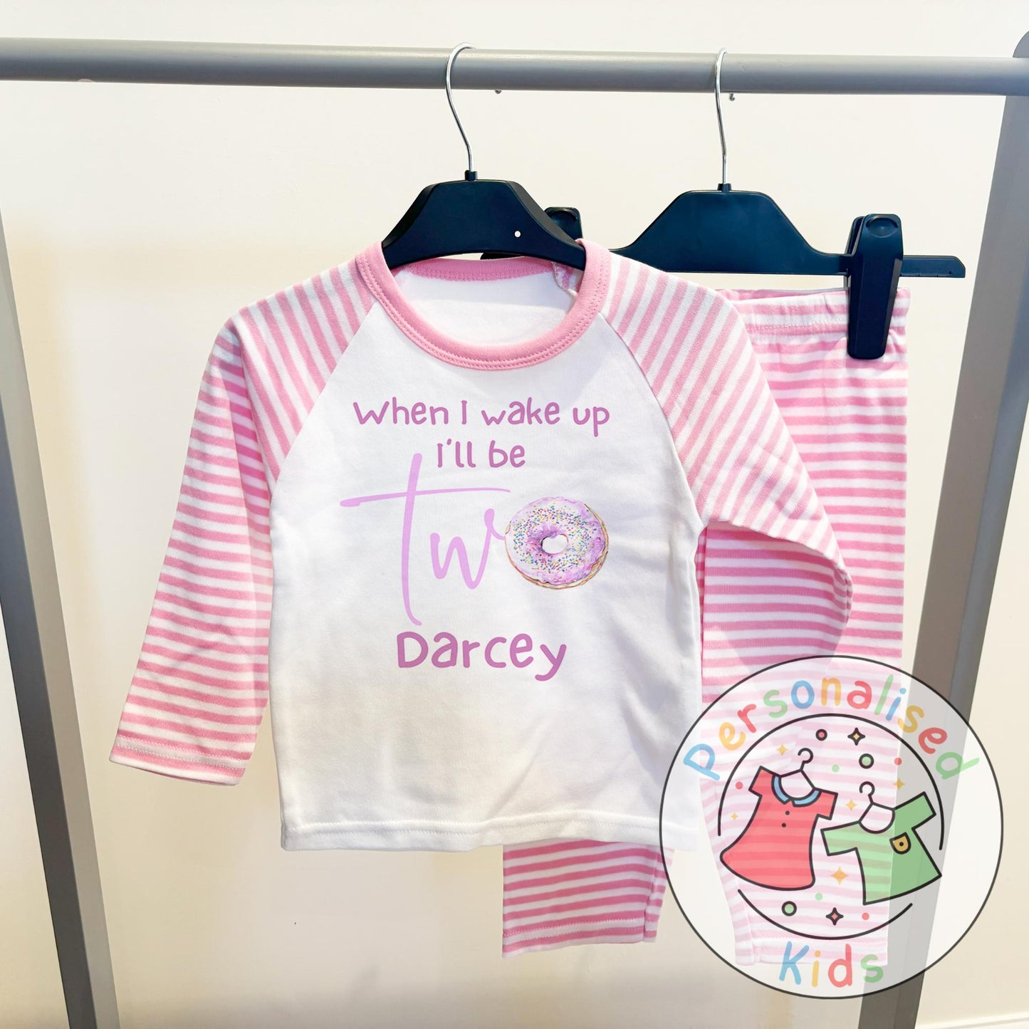 Personalised Donut Second Birthday Pyjamas – “When I Wake Up, I’ll Be Two” Design