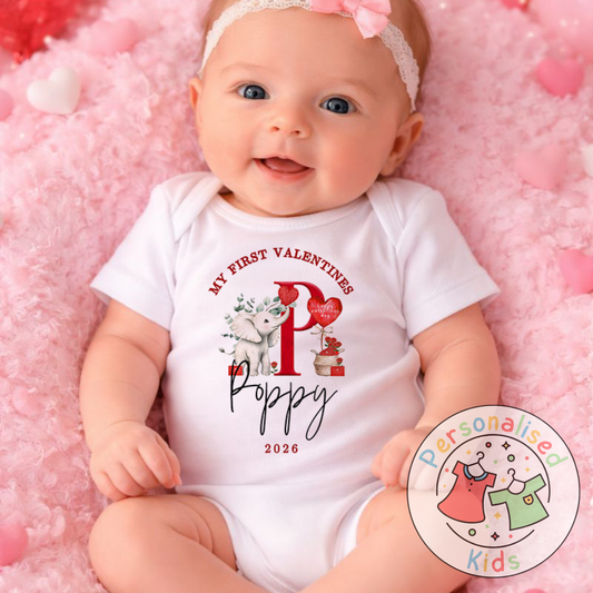 Personalised “My First Valentines” Baby Grow, Long-Sleeved Bodysuit and Romper V026