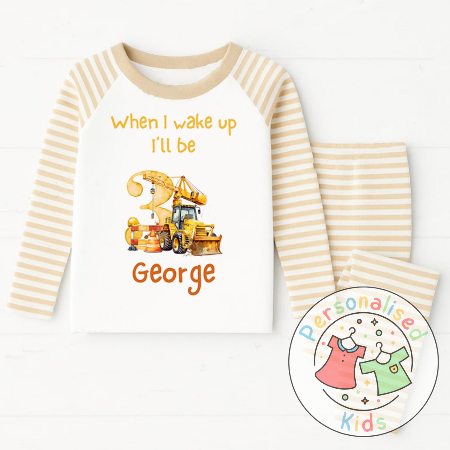 Personalised Diggerland Birthday Pyjamas – “When I Wake Up, I Will Be” Construction Theme